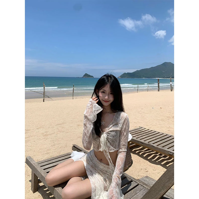 2025夏季新款纯欲性感蕾丝提花绑带开衫开又半身裙修身显瘦两件套