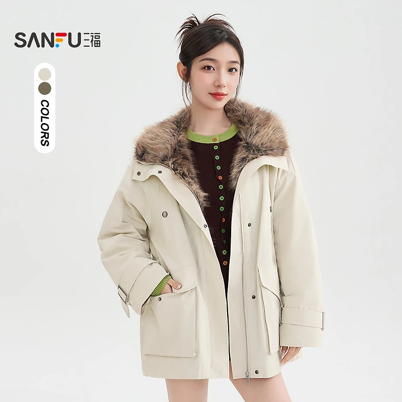 三福厚外套2025冬季袢扣袖毛绒翻领宽松加绒上衣女装849895