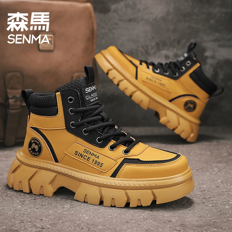 森马男鞋冬季厚底复古皮面防水防滑高帮工装鞋时尚百搭休闲马丁靴