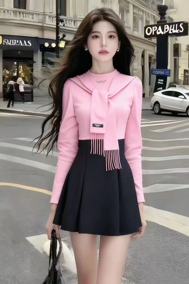 秋冬季新款气质粉色圆领收腰优雅修身收腰长袖气质显瘦连衣裙女