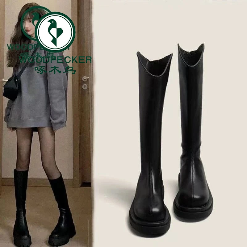 啄木鸟长筒靴女2025新款秋冬加绒厚底女靴子高筒骑士靴小个子长靴