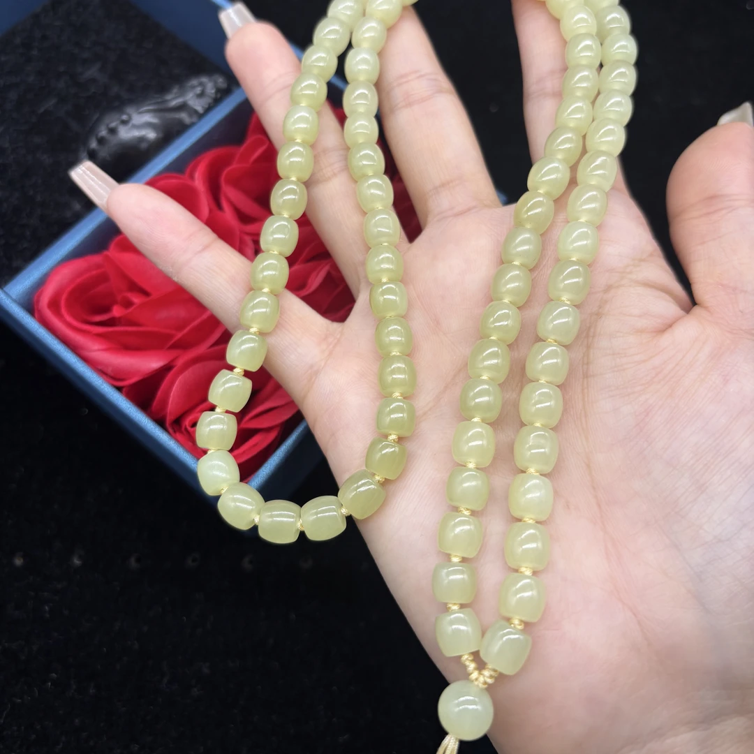 高端新疆和田玉山料若羌黄口直切桶珠7mm玉石挂件绳毛衣链百搭款