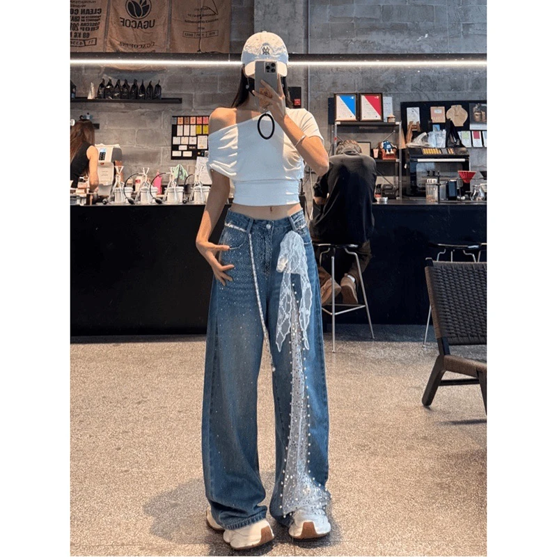 【清仓+运费险】亮钻珍珠拼接牛仔裤女秋季高级感镂空蕾丝拖地裤子