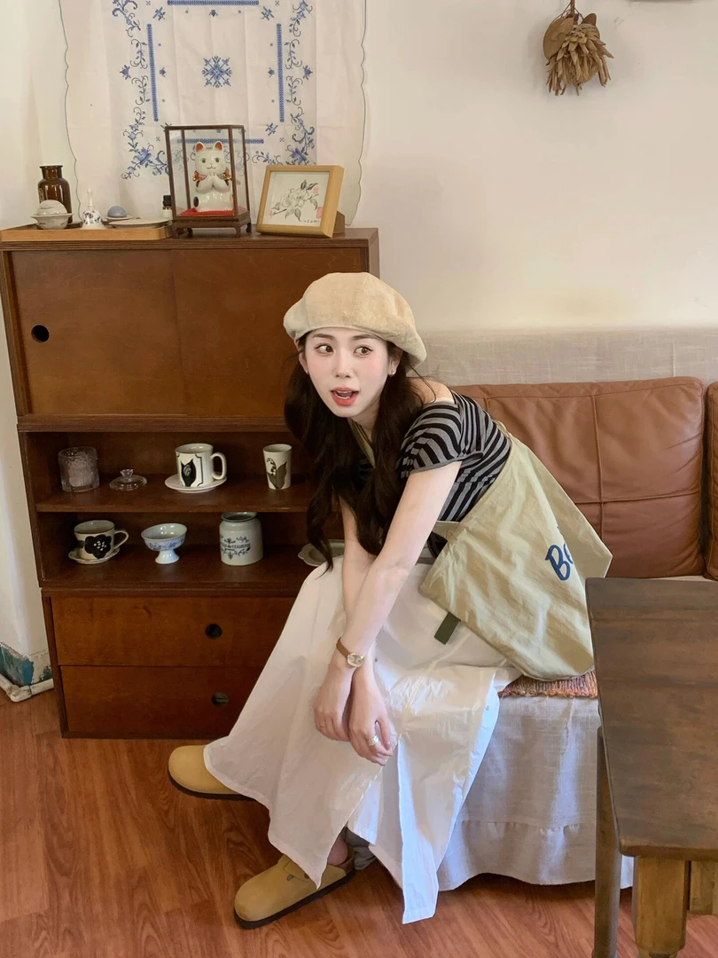 2025春夏新款韩系简约百搭露肩条纹上衣高腰百搭半身裙两件套装