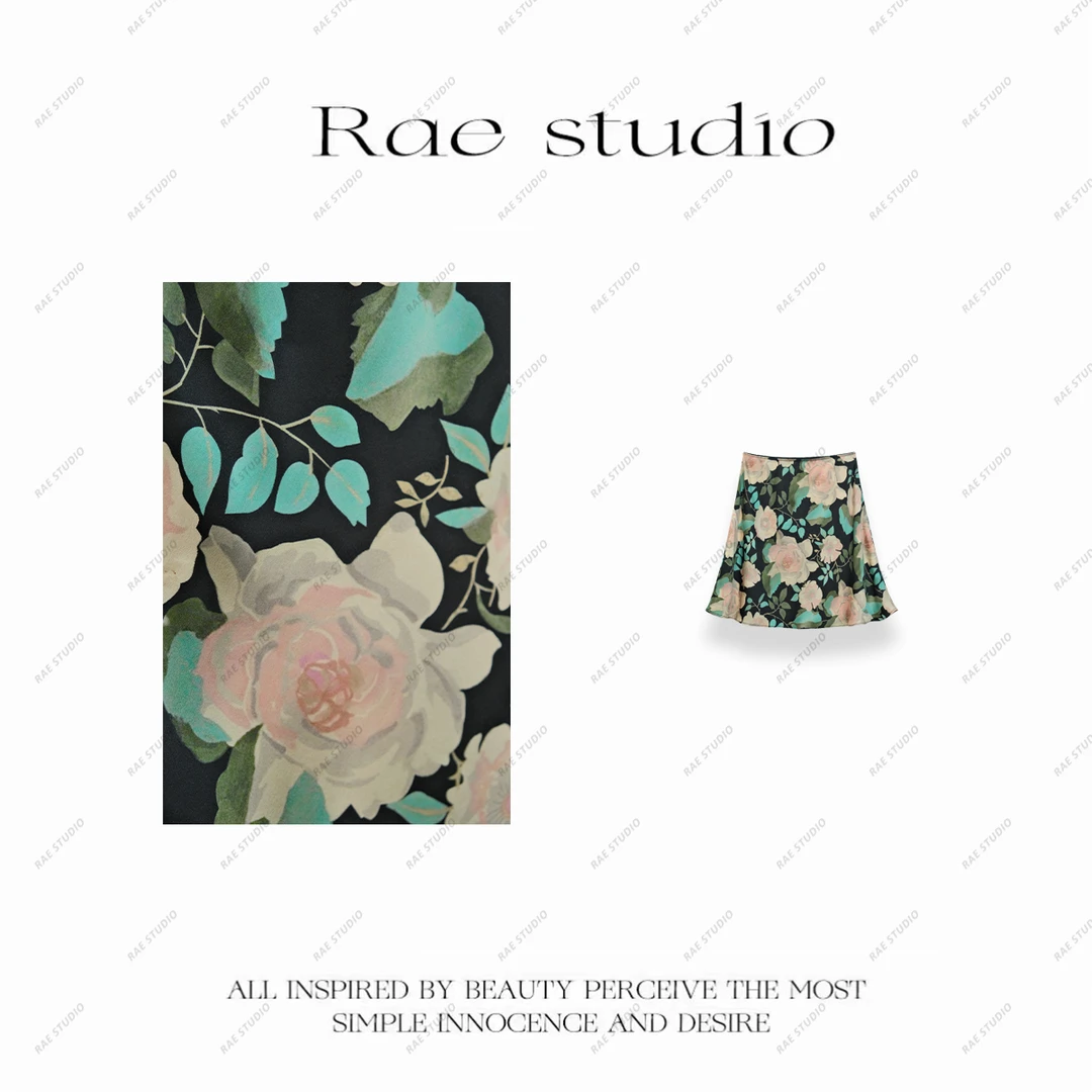 【Rae】复古油画印花斜裁百搭短款半身裙 r531