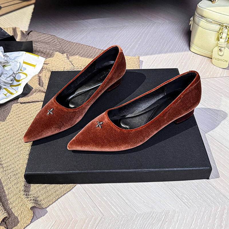 不累脚粗跟鞋春秋季新款纯色尖头中跟浅口通勤一脚蹬百搭小众单鞋