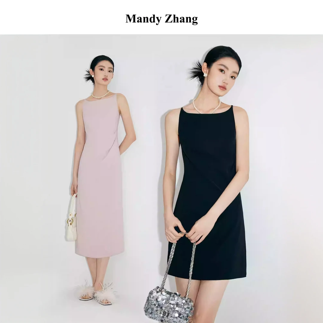 【陈大可专属】MandyZhang法式一字领粉色吊带连衣裙女夏季长裙