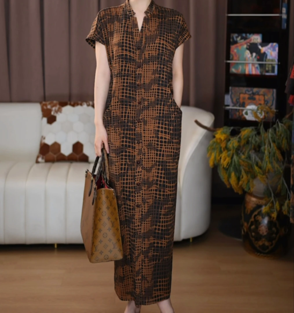 【沐芙】香云纱长款重磅时尚国风提花遮肉印花复古长裙宽松连衣裙