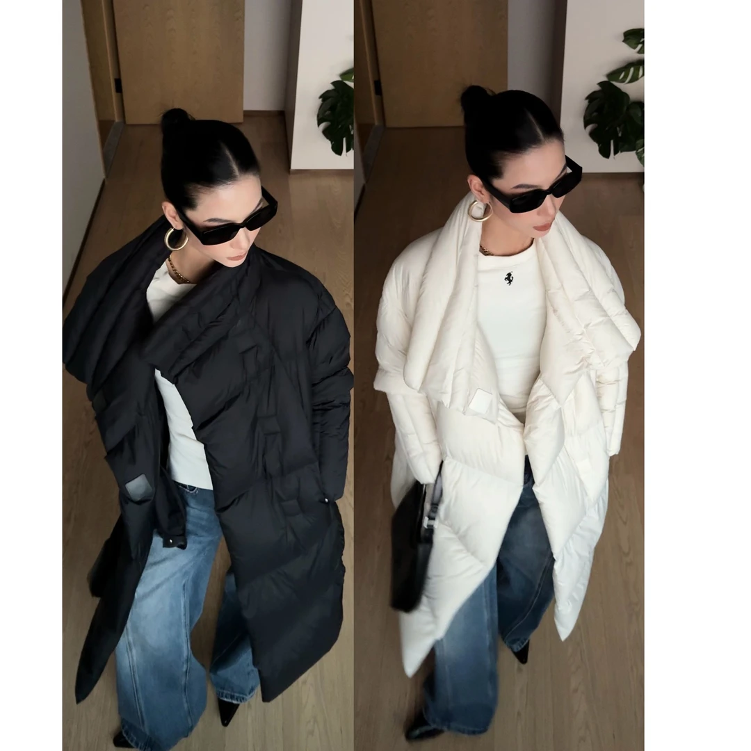 【素池】高级感小香风时尚大翻领长款羽绒服外套