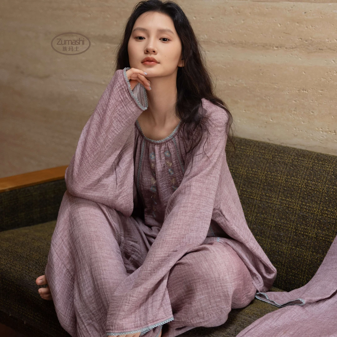 族玛士睡衣女春秋季纯棉纱布长袖可外穿中国风中式刺绣家居服套装