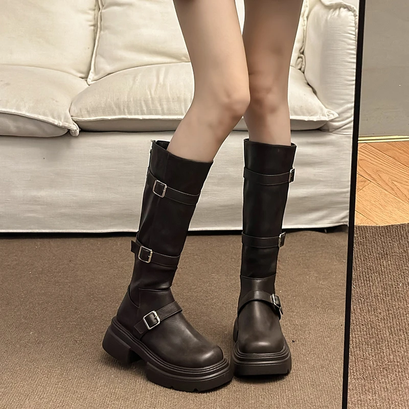 棕色长筒靴女2025新款秋冬加绒小个子显瘦厚底不过膝长靴骑士靴子