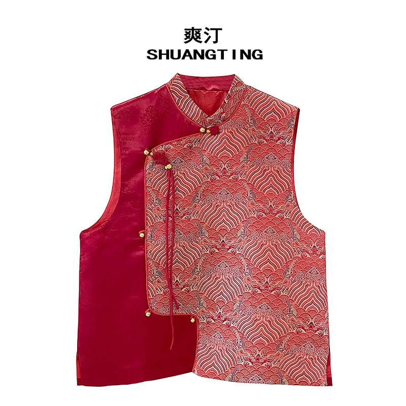 Jokara/丘可儿【锦堂春】中式织锦拼接红色斜襟马甲国风提花马夹春