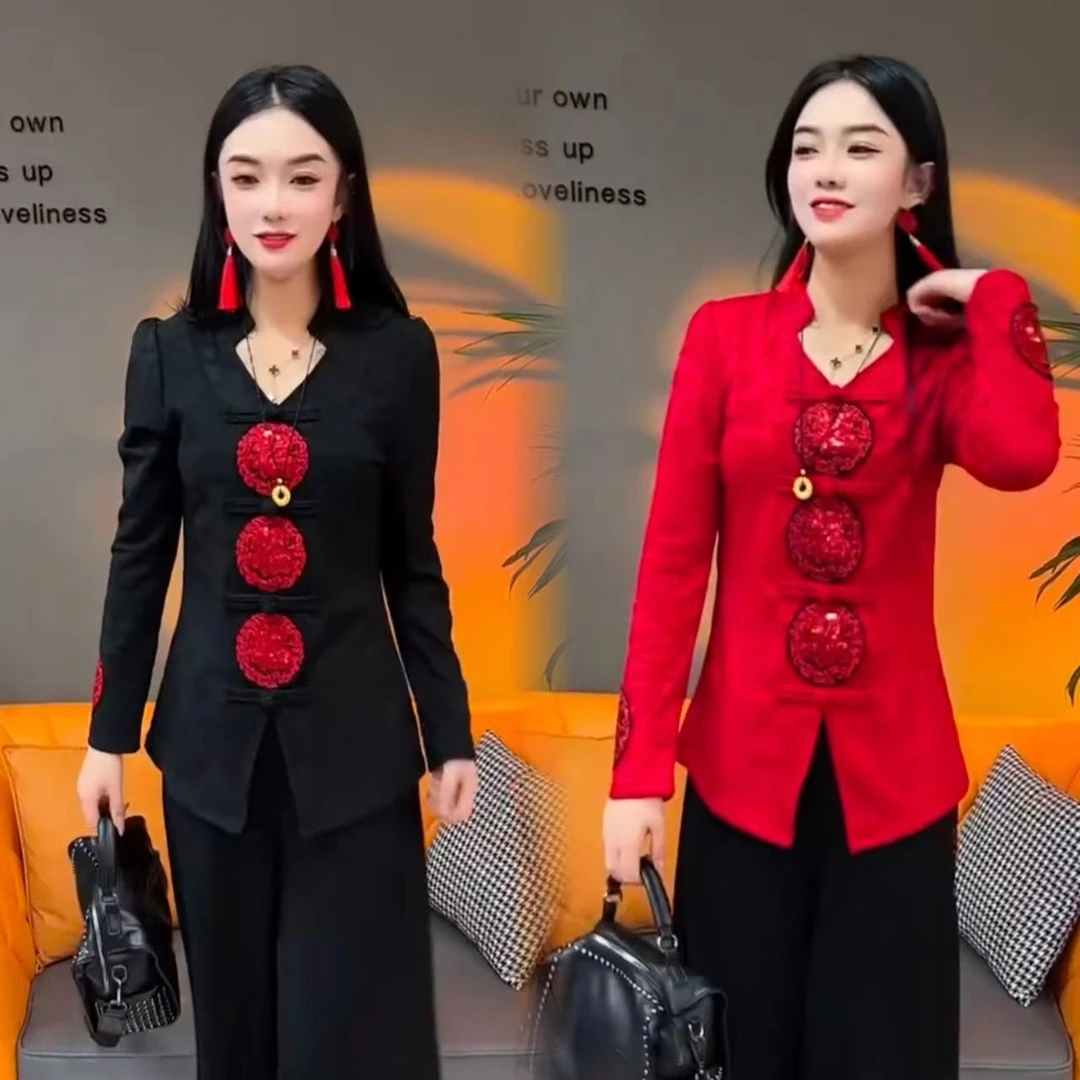 2025新年款五福临门中式民族风复古衬衫洋气百搭减龄女款遮肉上衣