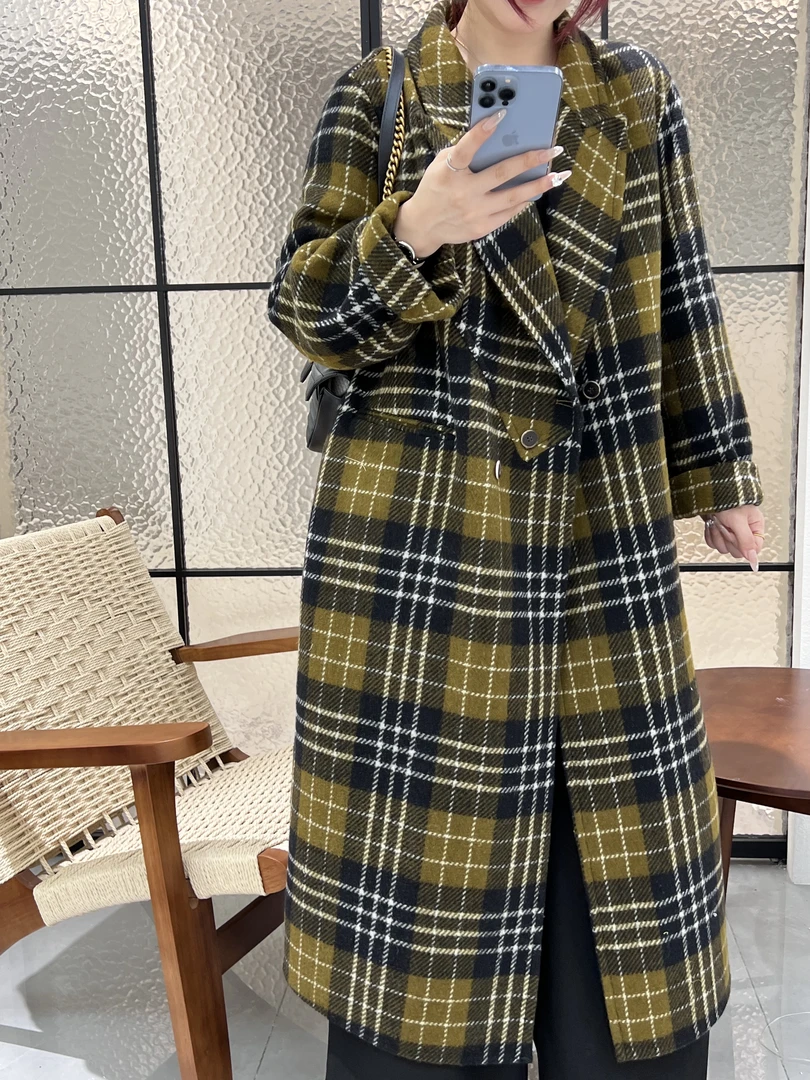 常规秋冬宽松韩版长款羊毛外套大衣格子老钱风