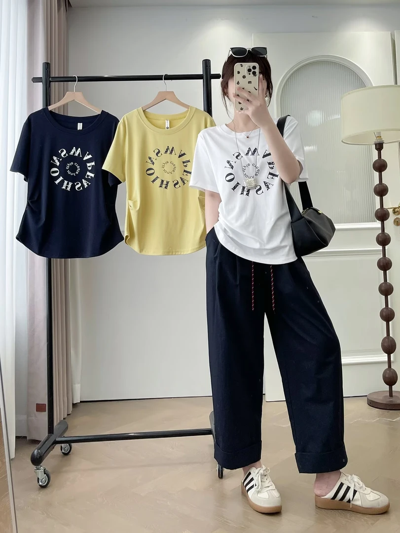 抗起球印花字母短袖宽松型T恤设计感时尚抽绳老钱风