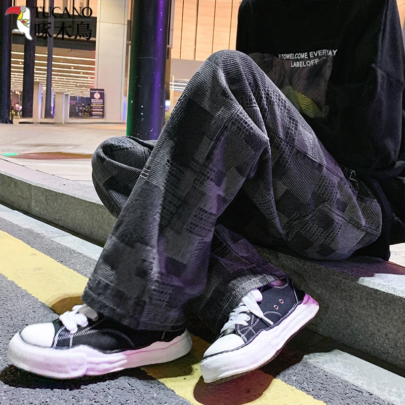 啄木鸟春装棋盘格牛仔裤男高街少年大码宽松抽绳直筒拖地阔腿潮牌
