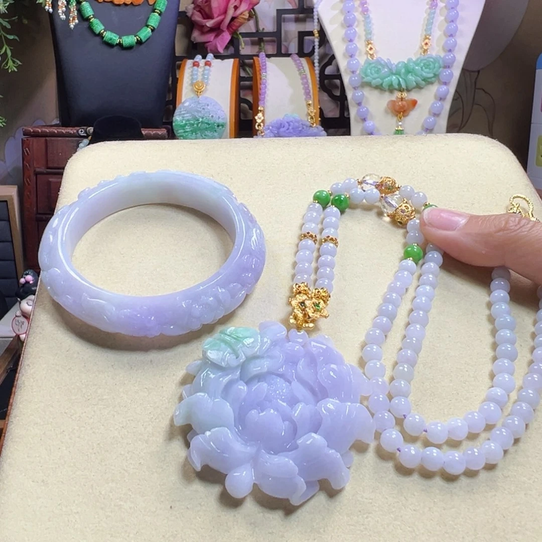 翡翠未镶嵌毛衣链冰紫套镯