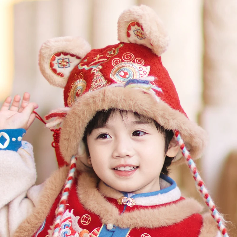 桐花坞虎头帽男女童儿童过年喜庆拜年服红色帽子