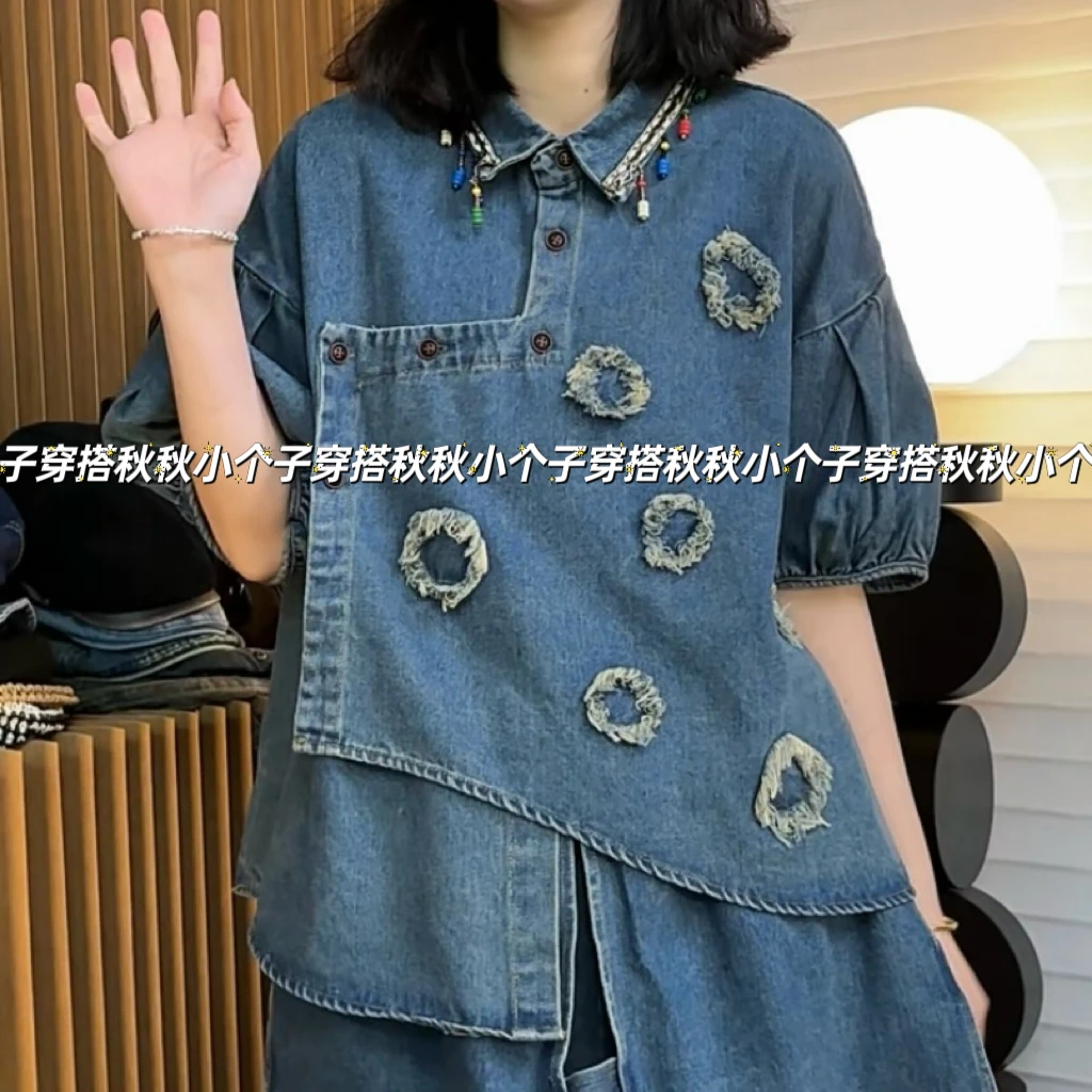 PQ  “聚古”原创牛仔新款复古港风民族风波点留须牛仔衬衫