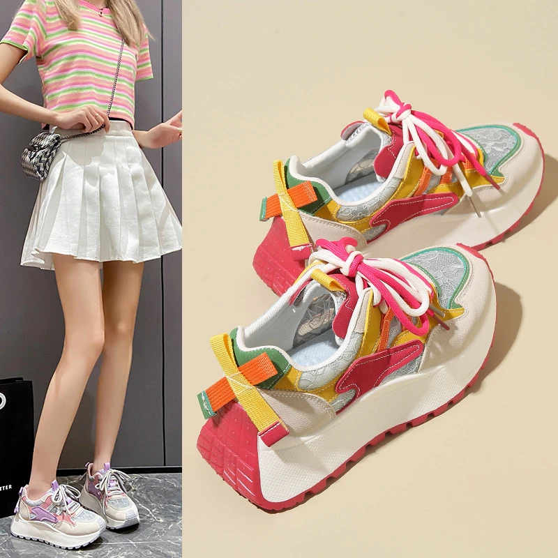 新款老爹鞋女2024春夏季增高透气厚底休闲拼色百搭旅游鞋