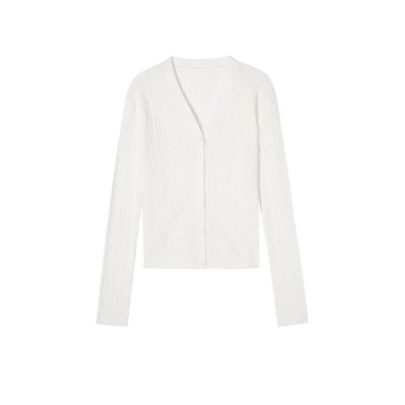 H308秋新款气质法式绞花V领长袖针织衫女高级百搭开衫