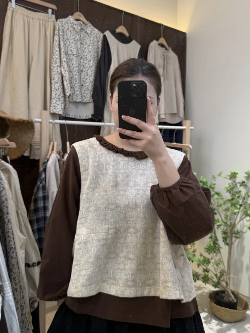 （简麻）秋季女时尚宽松型提花圆领马夹秋季系带常规款印花马甲J91