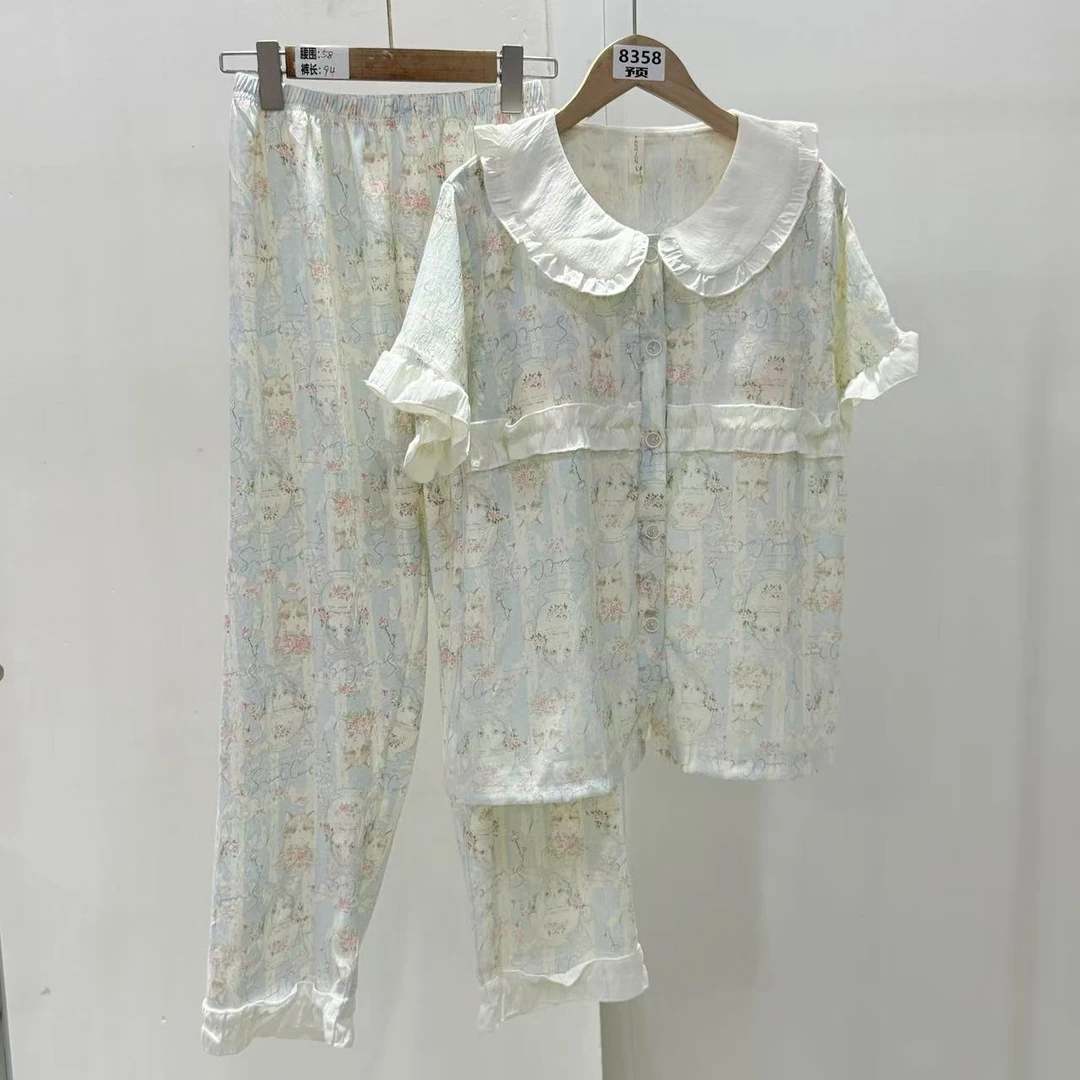 8358号6688#韩系荷叶翻领舒适带垫宽松印花杯子猫咪家居套装（预）