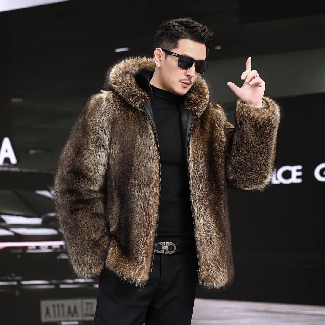 新款男士冬季2025网红爆款海宁连帽环保皮草座山雕轻奢高级感棉服