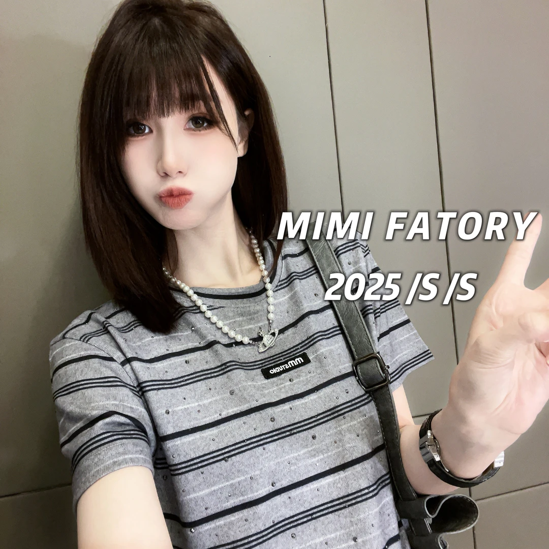 芈芈 2025新款短袖 欧货个性条纹创意短袖T恤女修身显瘦上衣2776#