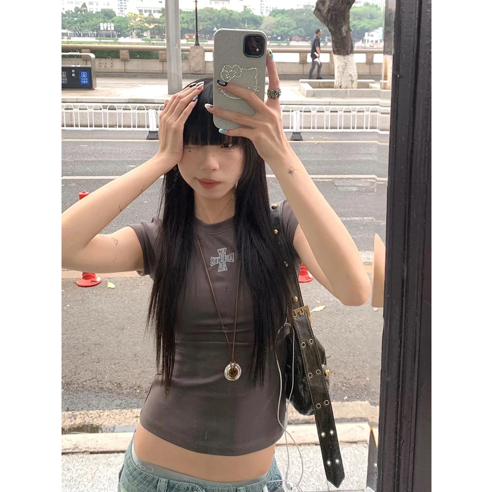 甜酷辣妹短袖T恤女美式复古收腰修身显瘦百搭十字印花正肩上衣潮