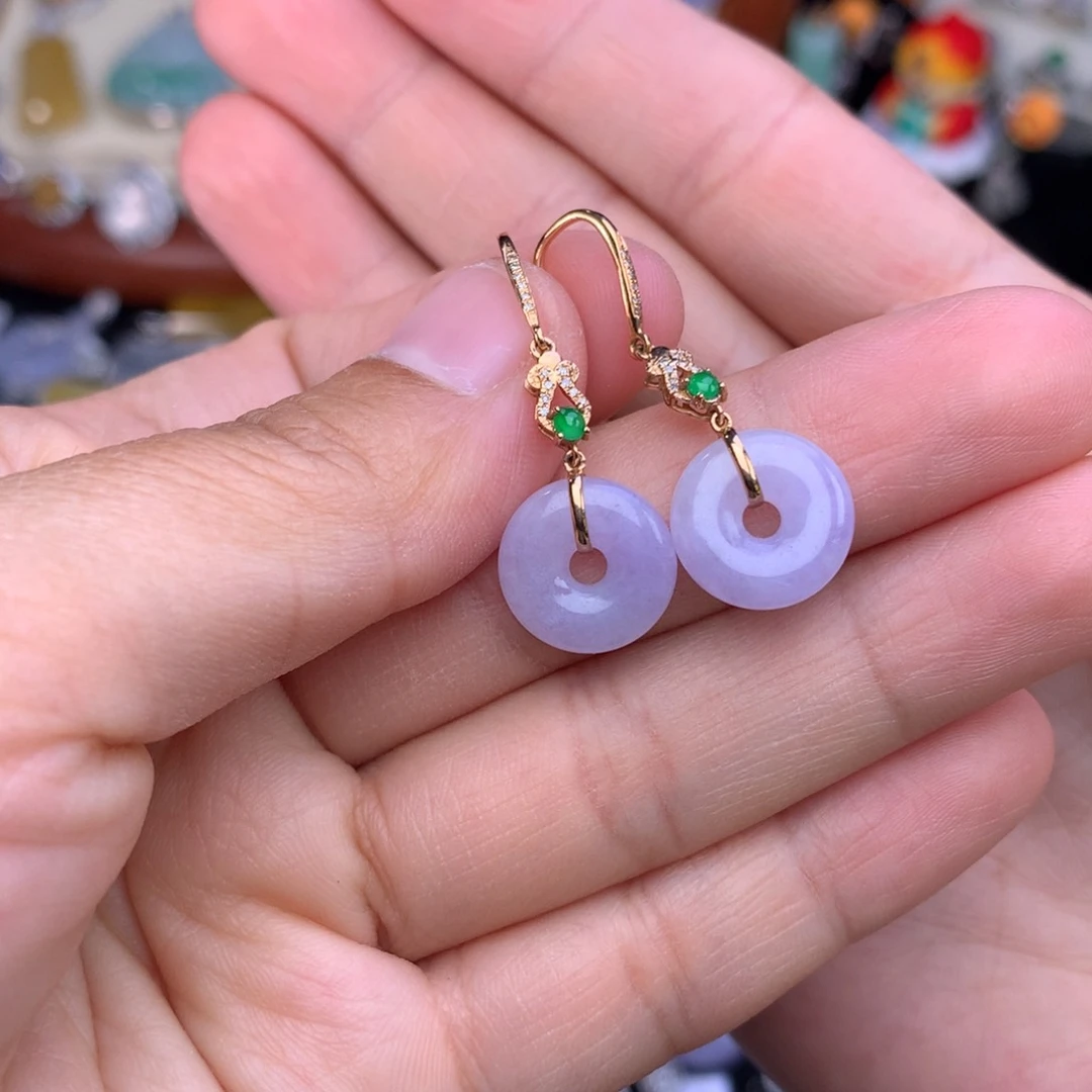 翡翠耳饰18K金镶嵌甜甜圈耳勾