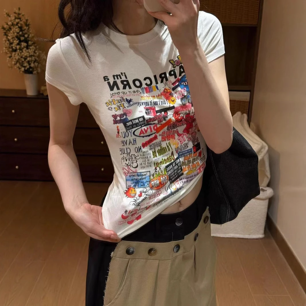 韩系复古涂鸦T恤女夏新款短款正肩显瘦套头体恤T上衣女