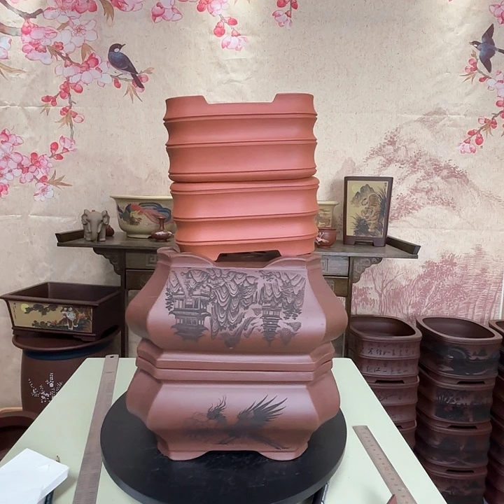 紫砂花盆龙凤+山水花鸟图+竹节2