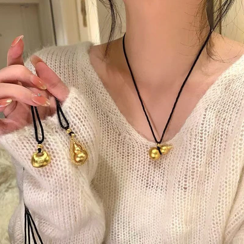 合金吊坠 黑绳葫芦吊坠编织绳项链新中式复古轻奢百搭颈链毛衣链