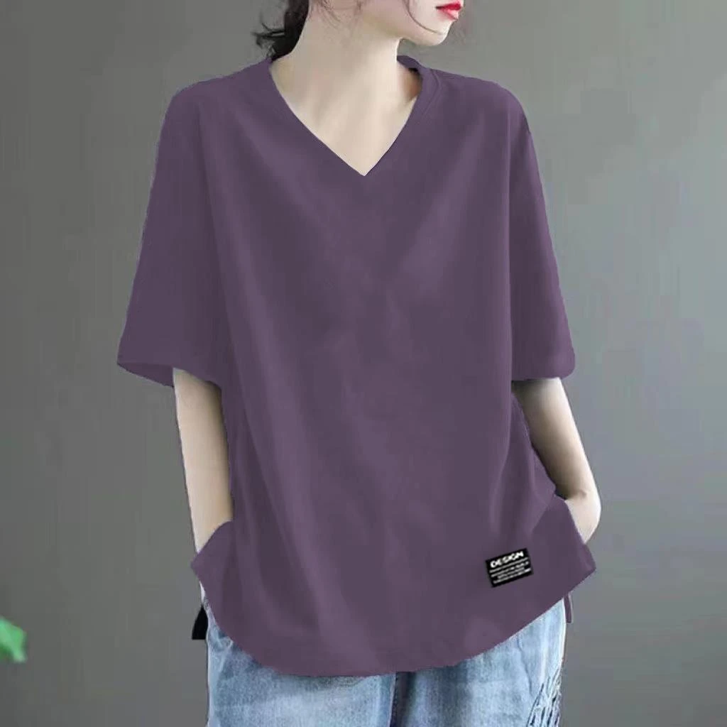 范哲萨纯棉时尚V领短袖t恤女夏季百搭宽松大码遮肚显瘦减龄休