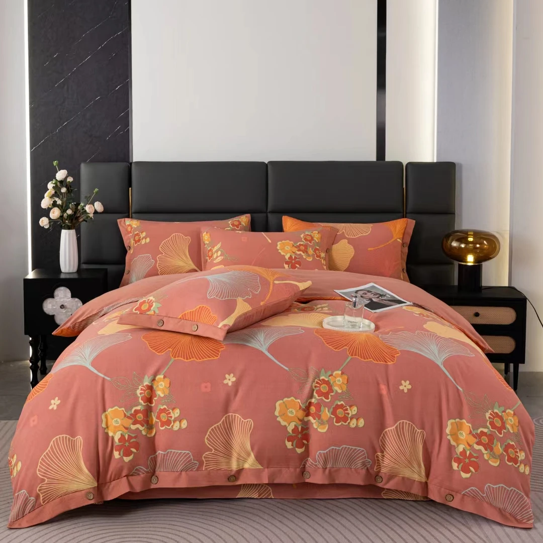 【好温馨专享】 轻奢色织双层纱亲肤四件套-银杏叶-豆沙