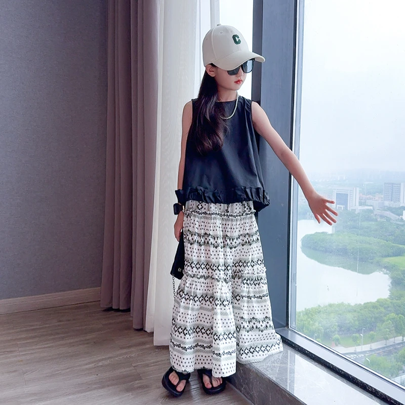 女童夏装套装2025新款儿童洋气薄款女孩大童无袖夏季半身裙两件套