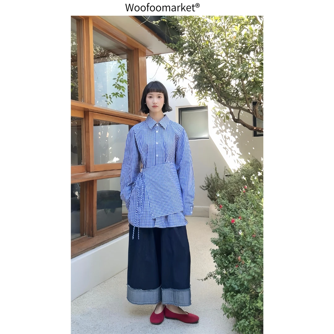 清！【海街日集】小围裙 镰刀袖格子衬衣女春季设计感两件套 CY657