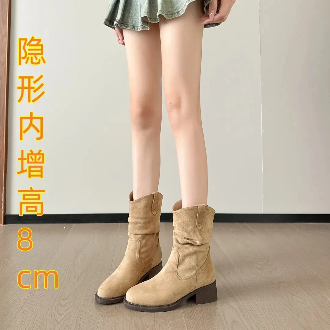 内增高8cm堆堆靴子女秋冬新款美拉德西部牛仔短短中筒马丁靴鞋子