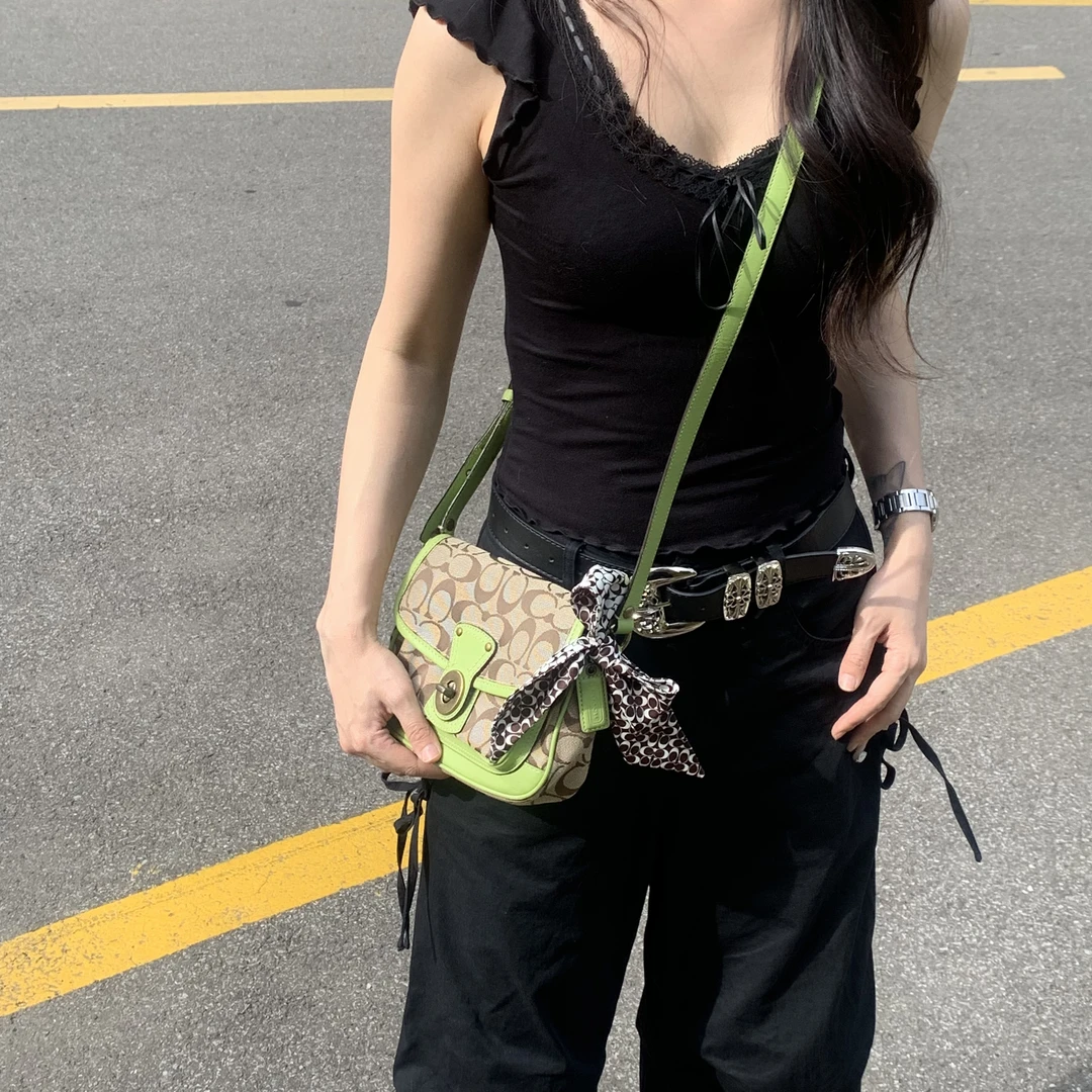 95新 COACH/蔻驰 coach棕色老花拼皮小猪包单肩斜挎包hd