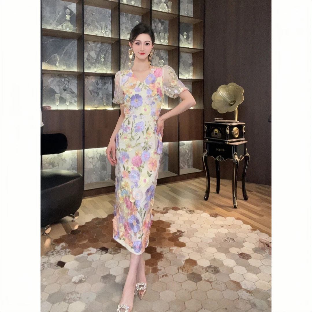 9021碎花显瘦气质时尚夏季复古开叉修身收腰设计师优雅连衣裙