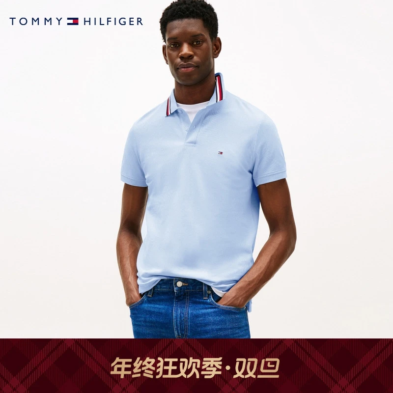 Tommy25春夏男透气珠地棉撞色短袖/休闲通勤镶边翻领POLO38484