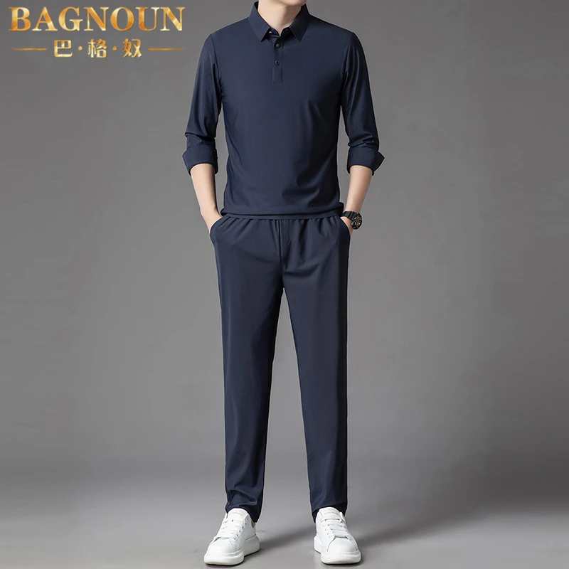 巴格奴休闲运动套装男士秋季新款时尚高端翻领中年商务潮流两件套