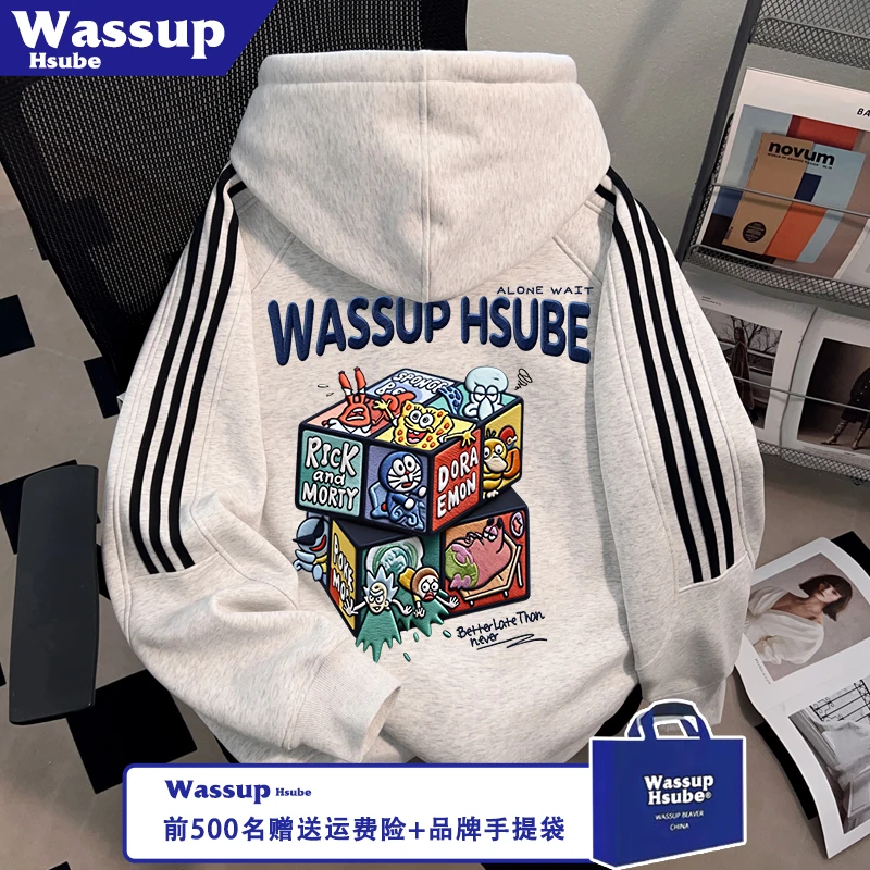 WASSUP HSUBE魔方卡通印花卫衣秋冬连帽加绒开衫男女同款拉链外套