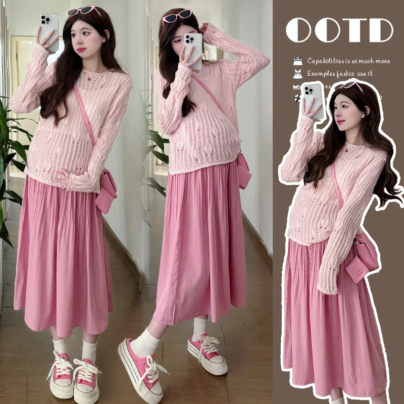 秋季孕妇装韩版显瘦洋气搭韩风独特减龄时尚镂空网红半身裙两件套