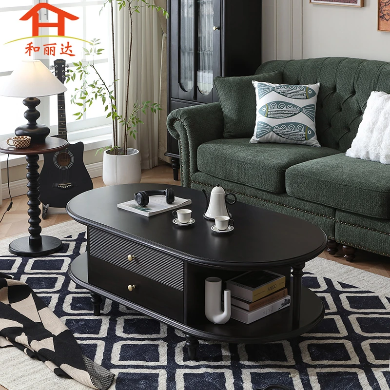 (晨雾) 美式实木复古茶几客厅简约现代椭圆形茶桌代抽屉法式中古