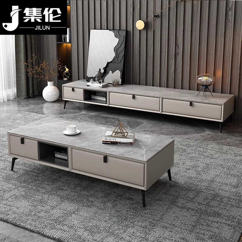 北欧岩板茶几电视柜组合家用小户型储物简约现代网红长方形茶几