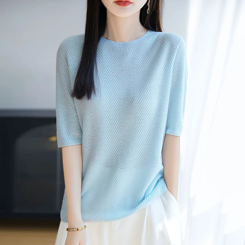 夏季轻薄短袖T恤女高端针织鱼骨纹圆领半袖气质百搭爆款显瘦中袖