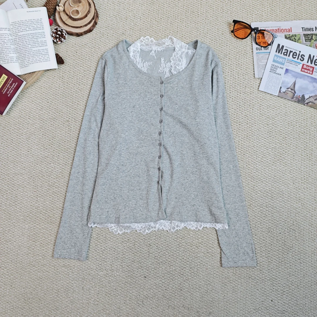 2025年春季新款纯色真两件蕾丝背心长袖开衫套装9872