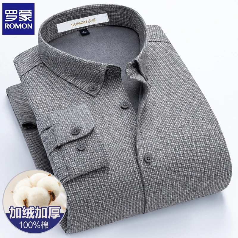 罗蒙男士100%纯棉磨毛灰白格子保暖衬衫中年爸爸装加绒加厚款衬衣